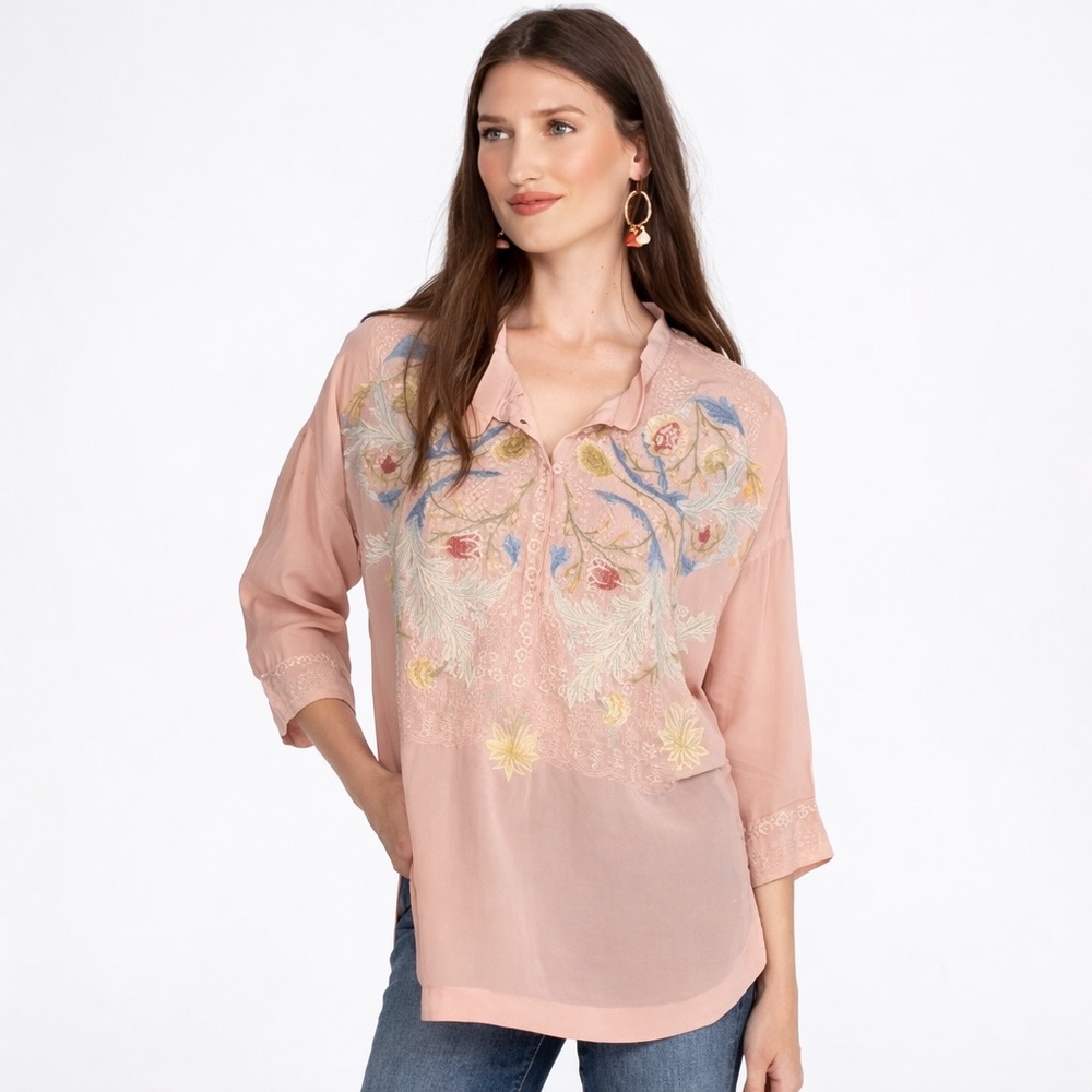 Johnny Was Biya Easton silk embroidered button up blouse in blush pink- m